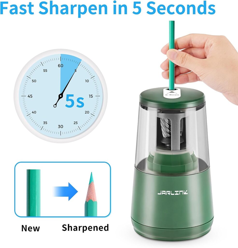 JARLINK Electric Pencil Sharpener, Classroom Pencil Sharpeners, Auto Stop for 6-8mm No.2/Colored Pencils, Electric Pencil Sharpener Plug in/USB/Battery Operated in School/Office/Home (Green)