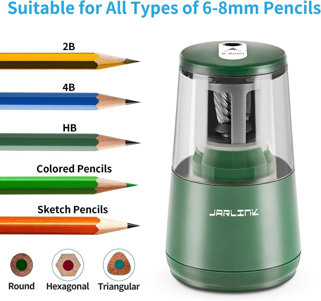 JARLINK Electric Pencil Sharpener, Classroom Pencil Sharpeners, Auto Stop for 6-8mm No.2/Colored Pencils, Electric Pencil Sharpener Plug in/USB/Battery Operated in School/Office/Home (Green)