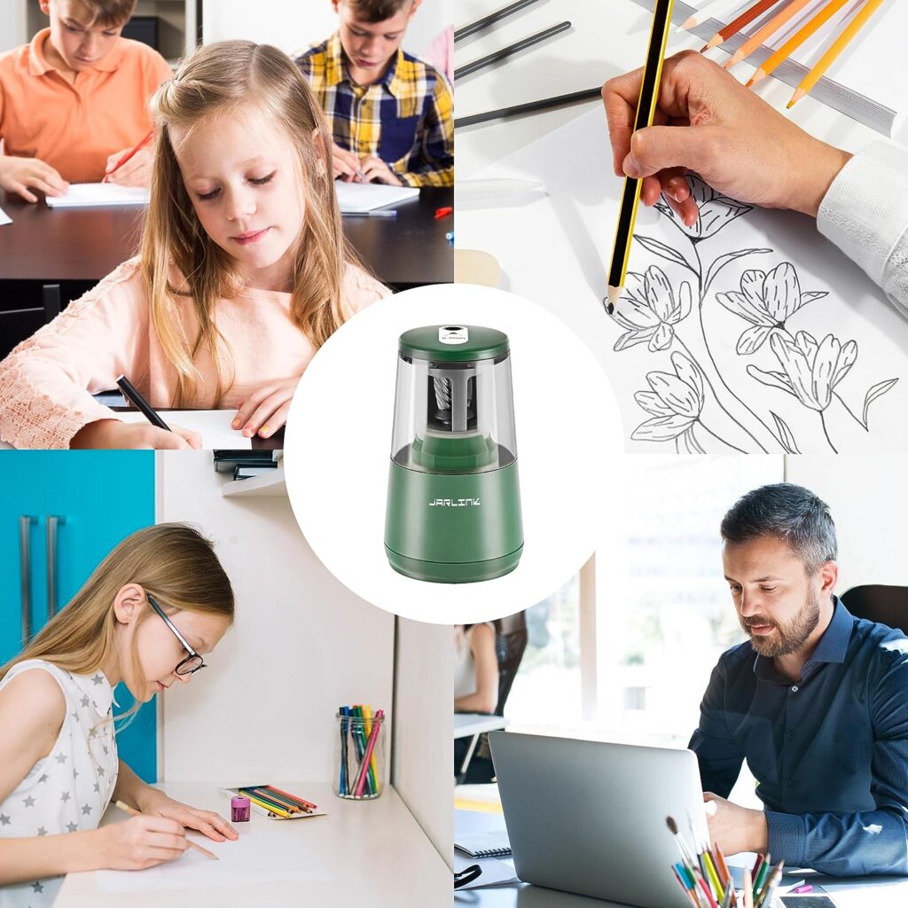 JARLINK Electric Pencil Sharpener, Classroom Pencil Sharpeners, Auto Stop for 6-8mm No.2/Colored Pencils, Electric Pencil Sharpener Plug in/USB/Battery Operated in School/Office/Home (Green)